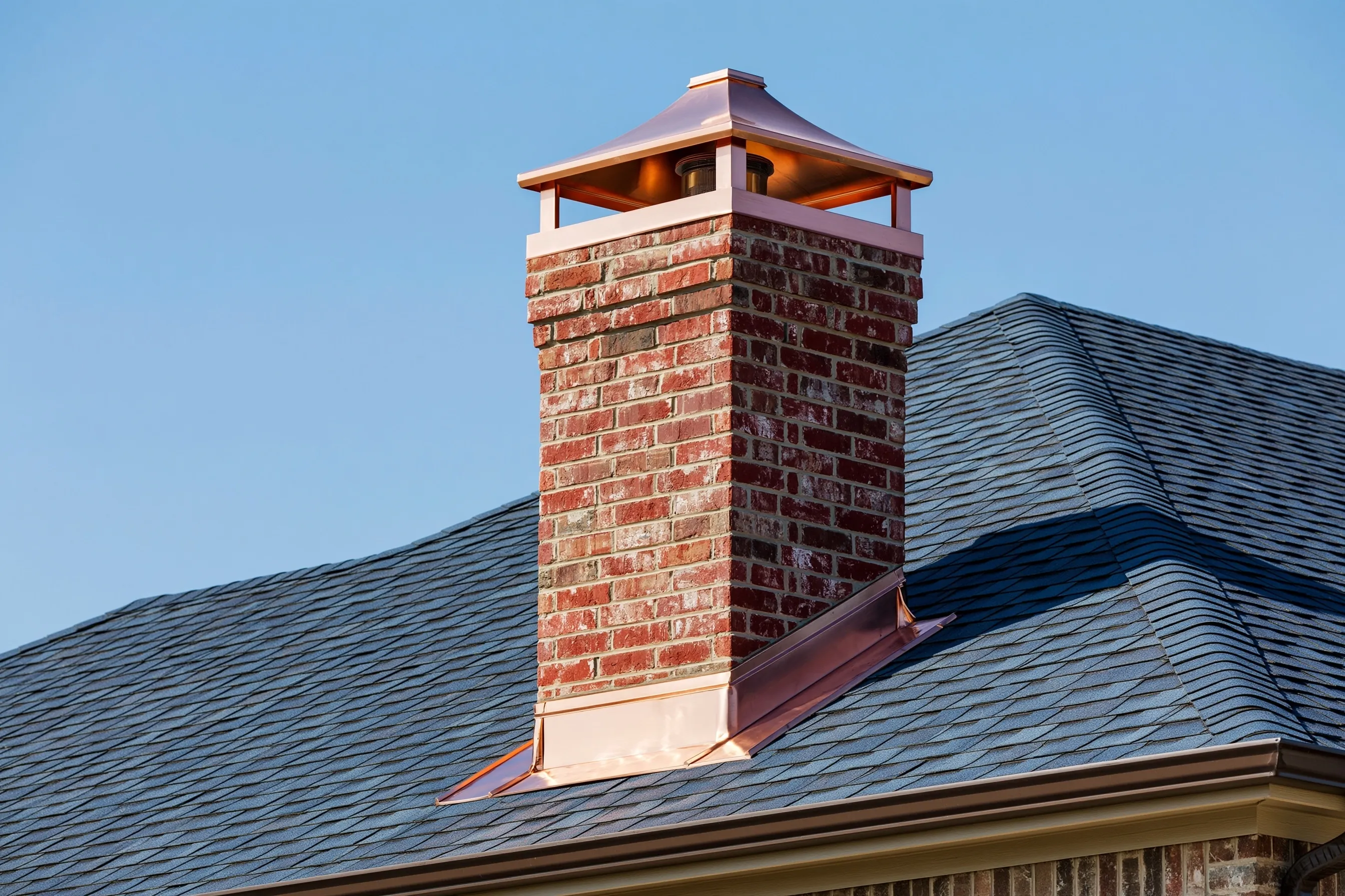 Copper chimney cap and step flashing on a brick chimney