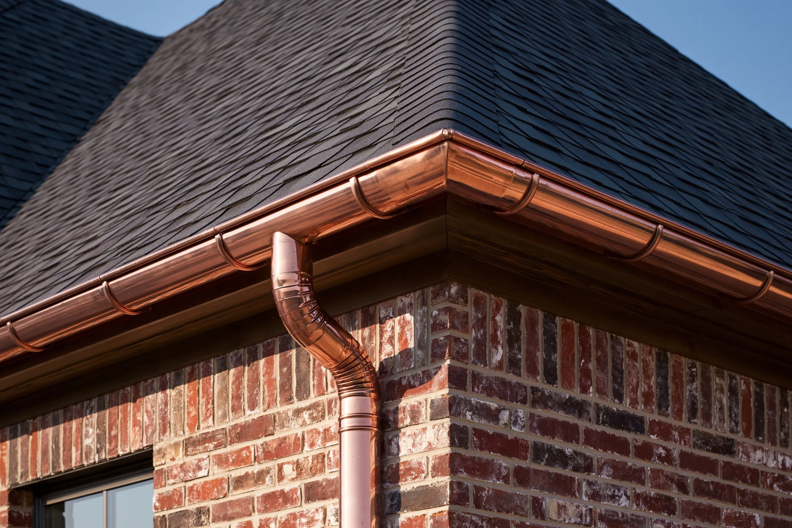 Half-round copper gutters and round downspouts on a brick house
