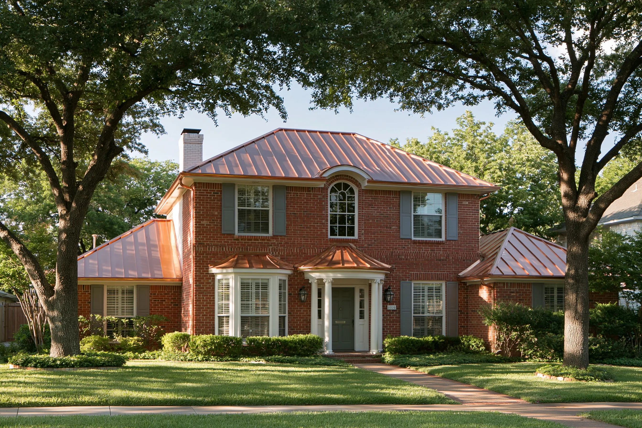 Red-brick two-story house with copper standing seam roofs on the main house, two side wings, a bay window and the entry porch